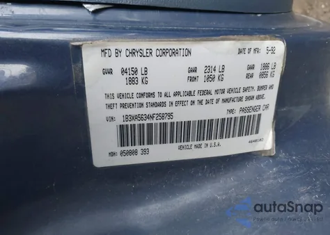 1992 Dodge Spirit Le z USA, uszkodzony, nr VIN 1B3XA5634NF258795